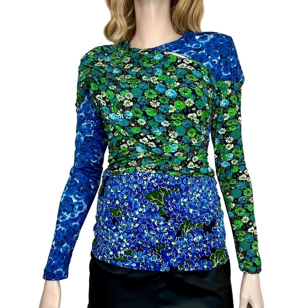 ZARA Patchwork Floral Blouse Top Keyhole Neckline Ruched Draped Cape Sleeve NWOT